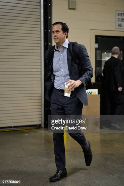 Head Coach Erik Spoelstra of the Miami Heat arrives before the game against the Philadelphia 76ers in Game One of Round One of the 2018 NBA Playoffs...