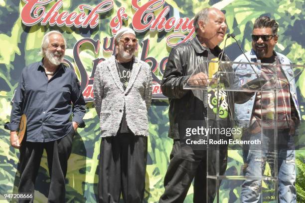Tommy Chong, Lou Adler, Cheech Marin, and George Lopez speak onstage at the Key to The City of West Hollywood Award Ceremony at The Roxy Theatre on...