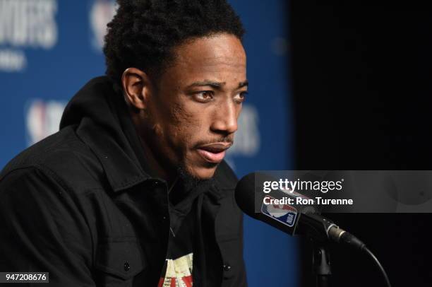 DeMar DeRozan of the Toronto Raptors speaks during the post-game press conference after Game One of Round One against the Washington Wizards of the...