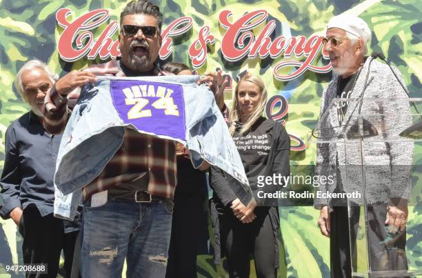Tommy Chong, George Lopez, and Lou Adler speak onstage at the Key to The City of West Hollywood Award Ceremony at The Roxy Theatre on April 16, 2018...