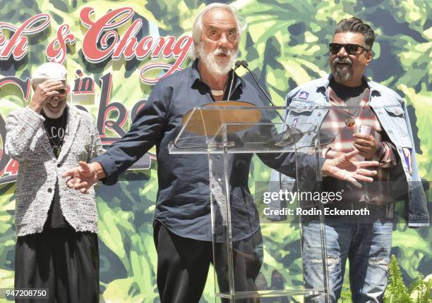 Lou Adler, Tommy Chong, and George Lopez speak onstage at the Key to The City of West Hollywood Award Ceremony at The Roxy Theatre on April 16, 2018...
