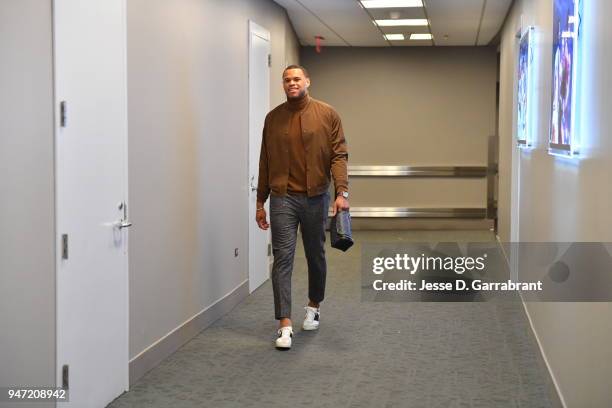 Justin Anderson of the Philadelphia 76ers arrives before the game against the Miami Heat in Game One of Round One of the 2018 NBA Playoffs on April...