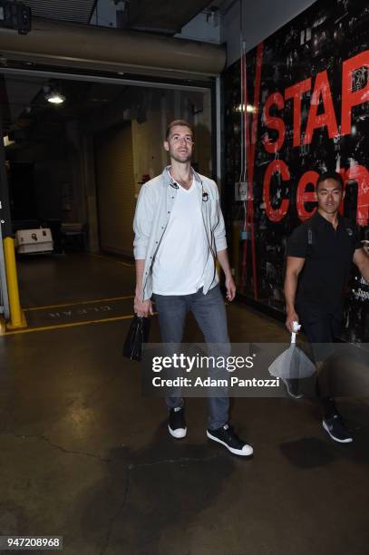 Travis Wear of the Los Angeles Lakers arrives before the game against the LA Clippers on April 11, 2018 at STAPLES Center in Los Angeles, California....