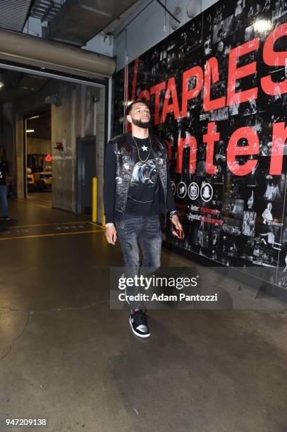 Tyler Ennis of the Los Angeles Lakers arrives before the game against the LA Clippers on April 11, 2018 at STAPLES Center in Los Angeles, California....