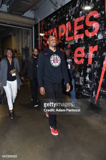 Williams of the LA Clippers arrives before the game against the Los Angeles Lakers on April 11, 2018 at STAPLES Center in Los Angeles, California....