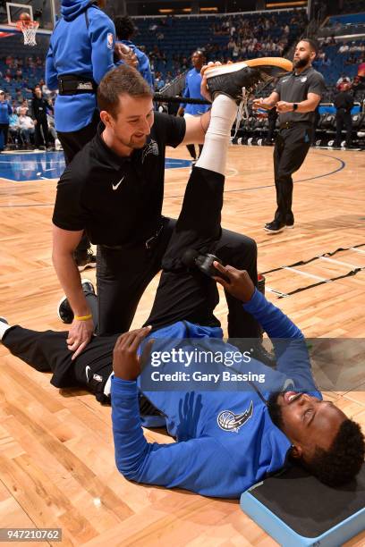 Shelvin Mack of the Orlando Magic warms up before the game against the Brooklyn Nets on March 28, 2018 at Amway Center in Orlando, Florida. NOTE TO...