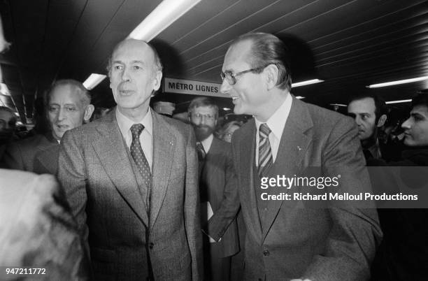 French President Valery Giscard d'Estaing and Mayor of Paris Jacques Chirac at the inauguration of the latest line of the "super-metro' : the RER,...