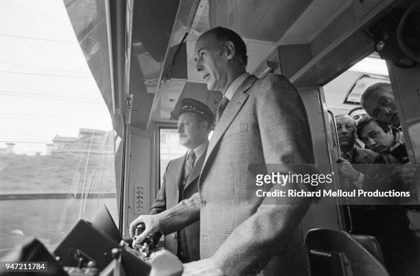 French President Valery Giscard d'Estaing inaugurates the latest line of the super-metro : the RER, in Paris, 8th December 1977
