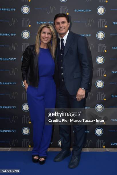 Paula and Javier Zanetti attend the unveiling of FC Internazionale 'Innovative Passion' Concept At Milan Design Week on April 16, 2018 in Milan,...