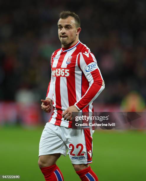 Xherdan Shaqiri of Stoke City during the Premier League match between West Ham United and Stoke City at London Stadium on April 16, 2018 in London,...