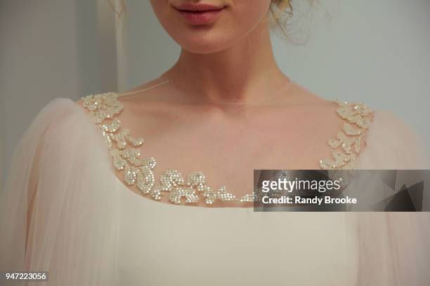Neckline detail at the Angel Sanchez Bridal 2019 Preview of his collection during New York Fashion Week: Bridal April 2018 on April 16, 2018 in New...