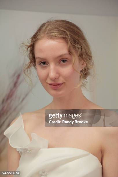 Kyah LaBancz models the Angel Sanchez Bridal 2019 Preview of his collection during New York Fashion Week: Bridal April 2018 on April 16, 2018 in New...