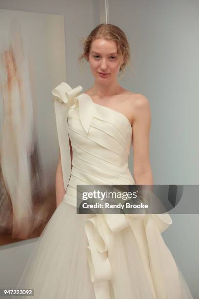 Kyah LaBancz models the Angel Sanchez Bridal 2019 Preview of his collection during New York Fashion Week: Bridal April 2018 on April 16, 2018 in New...