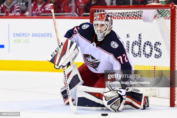 Columbus Blue Jackets goaltender Sergei Bobrovsky makes a first period save on April 15 at the Capital One Arena in Washington, D.C. In the First...