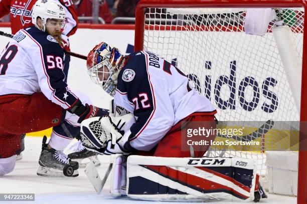 Columbus Blue Jackets goaltender Sergei Bobrovsky makes a first period save on April 15 at the Capital One Arena in Washington, D.C. In the First...