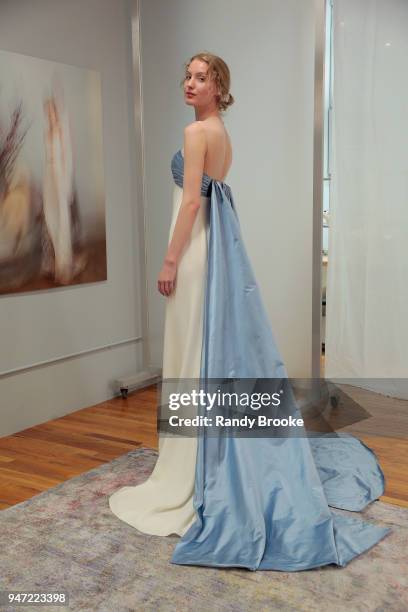 Kyah LaBancz models the Angel Sanchez Bridal 2019 Preview of his collection during New York Fashion Week: Bridal April 2018 on April 16, 2018 in New...