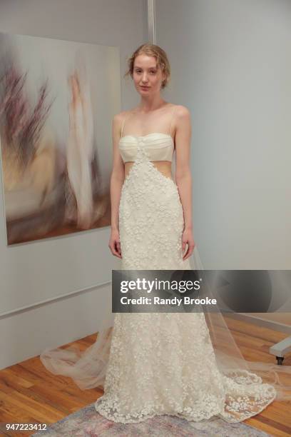 Kyah LaBancz models the Angel Sanchez Bridal 2019 Preview of his collection during New York Fashion Week: Bridal April 2018 on April 16, 2018 in New...