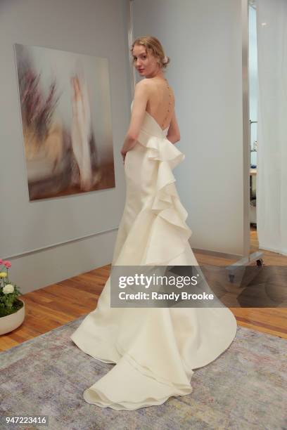 Kyah LaBancz models the Angel Sanchez Bridal 2019 Preview of his collection during New York Fashion Week: Bridal April 2018 on April 16, 2018 in New...