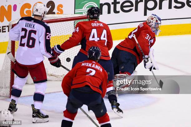 Washington Capitals goaltender Philipp Grubauer gives up a second period goal to the Columbus Blue Jackets on April 15 at the Capital One Arena in...