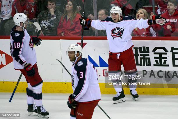 Columbus Blue Jackets right wing Cam Atkinson reacts after scoring a second period goal against the Washington Capitals on April 15 at the Capital...