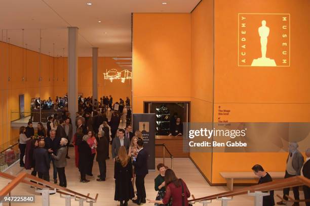 View of the room during the cocktail reception at the Academy Museum Conversation at The Times Center, featuring Whoopi Goldberg, Kerry Brougher and...