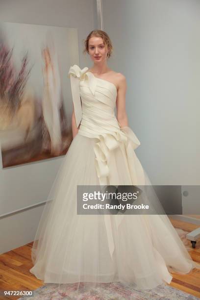 Kyah LaBancz models the Angel Sanchez Bridal 2019 Preview of his collection during New York Fashion Week: Bridal April 2018 on April 16, 2018 in New...