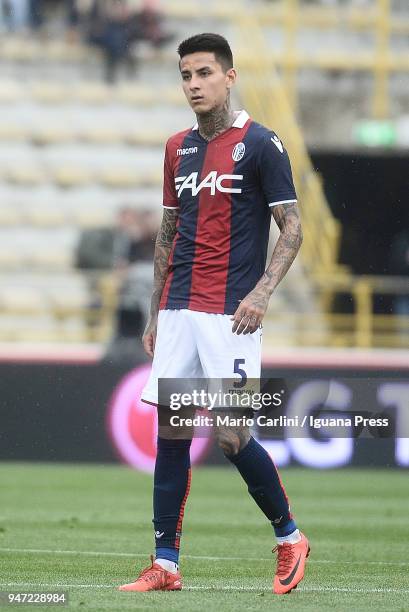 Erik Pulgar of Bologna FC looks on during the serie A match between Bologna FC and Hellas Verona FC at Stadio Renato Dall'Ara on April 15, 2018 in...