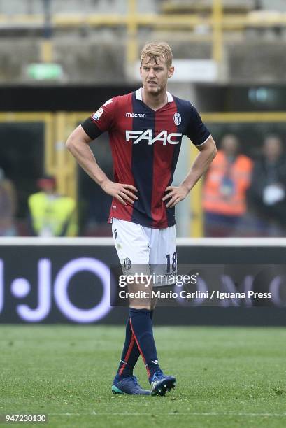 Filip Helander of Bologna FC looks on during the serie A match between Bologna FC and Hellas Verona FC at Stadio Renato Dall'Ara on April 15, 2018 in...