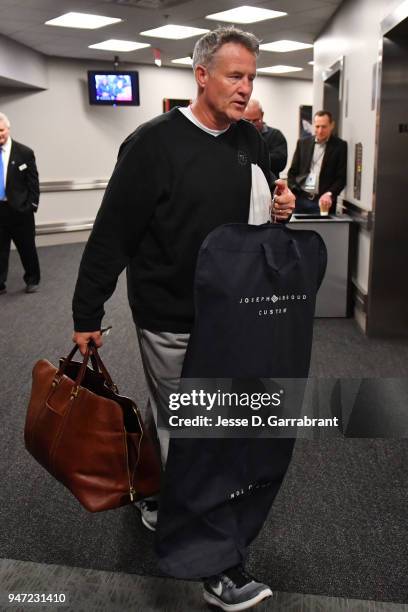 Head Coach Brett Brown of the Philadelphia 76ers arrives to the arena prior to Game Two of Round One of the 2018 NBA Playoffs against the Miami Heat...