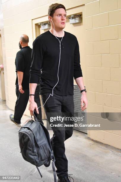 Luke Babbitt of the Miami Heat arrives to the arena prior to Game Two of Round One of the 2018 NBA Playoffs against the Philadelphia 76ers on April...