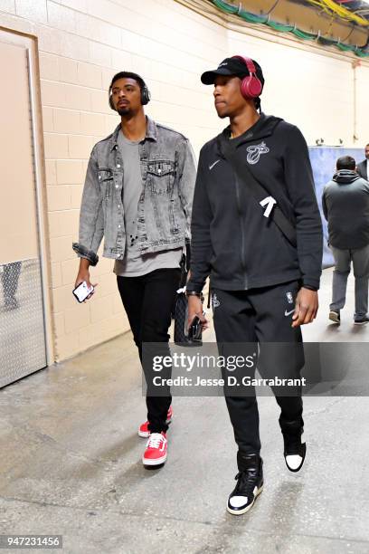 Rodney McGruder and Josh Richardson of the Miami Heat arrive to the arena prior to Game Two of Round One of the 2018 NBA Playoffs against the...