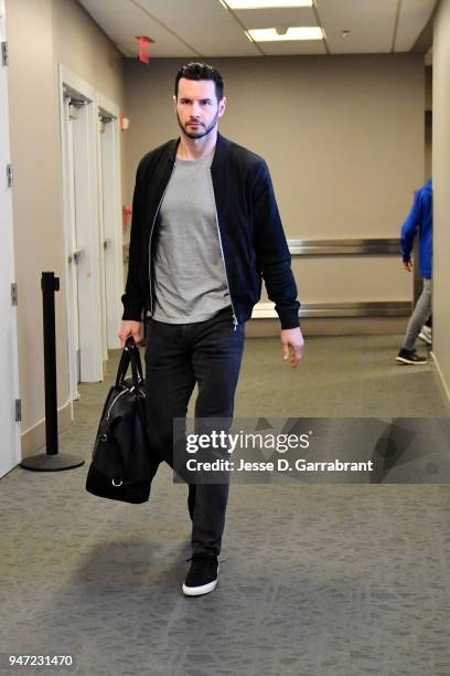 Justin Anderson of the Philadelphia 76ers arrives to the arena prior to Game Two of Round One of the 2018 NBA Playoffs against the Miami Heat on...