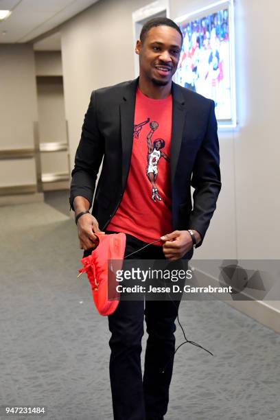 Demetrius Jackson of the Philadelphia 76ers arrives to the arena prior to Game Two of Round One of the 2018 NBA Playoffs \amh] on April 16, 2018 in...