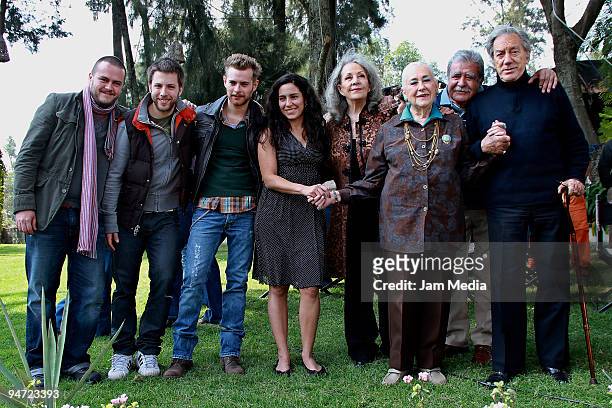 Actors Luis Arrieta, Luis Ernesto Franco, Tiare Scanda, Isela Vega, Beatriz Aguirre, Justo Martinez and Joaquin Cordero pose during the making of the...