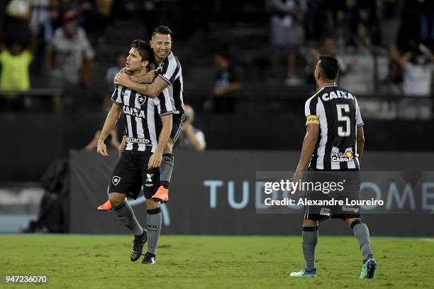Igor Rabello of Botafogo celebrates their first scored goal with Rodrigo Lindoso during the match between Botafogo and Palmeiras as part of...