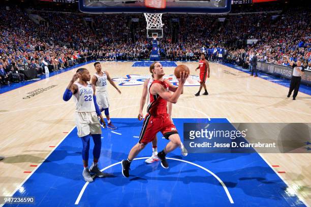 Kelly Olynyk of the Miami Heat shoots the ball against the Philadelphia 76ers in Game Two of Round One of the 2018 NBA Playoffs on April 16, 2018 in...