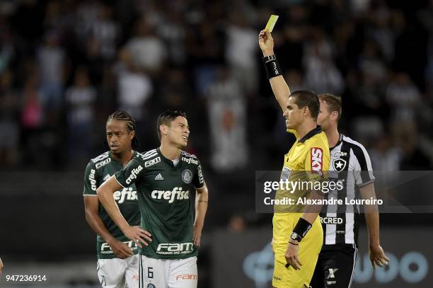 Diogo Barbosa of Palmeiras recevies a yellow card from referee Ricardo Marques Ribeiro during the match between Botafogo and Palmeiras as part of...