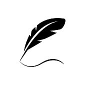 Bird feather quill writing on paper design vector icon black logo design