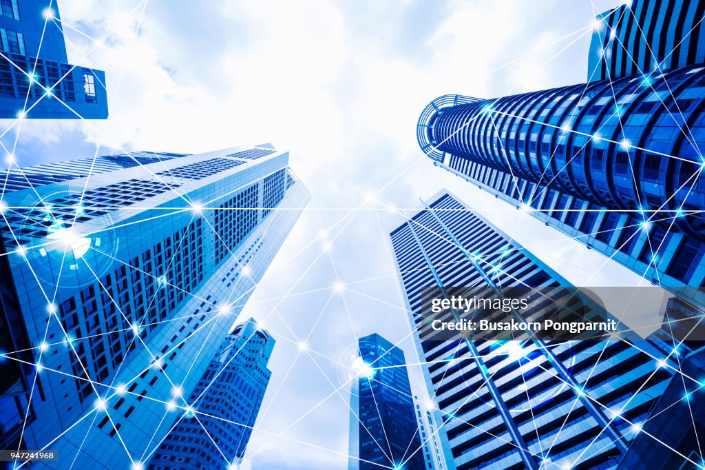 City with connected line wifi icon and network, Smart city