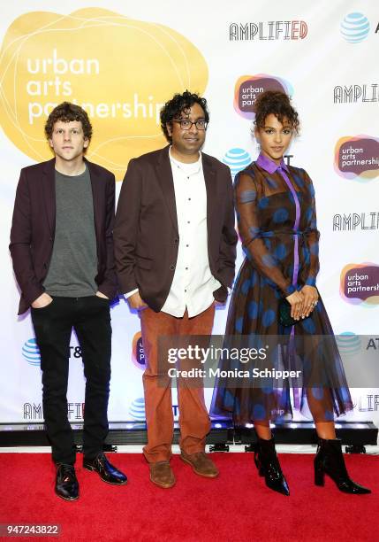 Jesse Eisenberg, Hari Kondabolu and Megalyn Echikunwoke attend the Urban Arts Partnership's AmplifiED Gala at The Ziegfeld Ballroom on April 16, 2018...