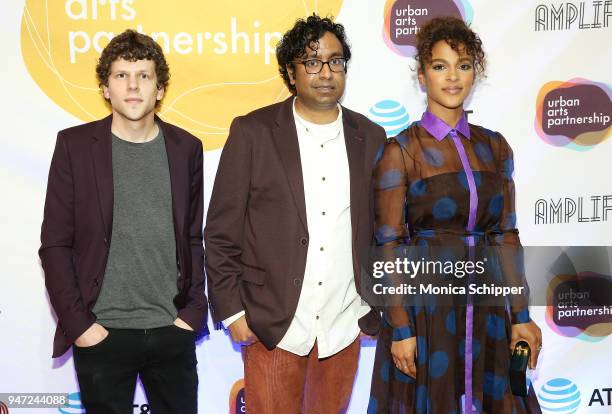 Jesse Eisenberg, Hari Kondabolu and Megalyn Echikunwoke attend the Urban Arts Partnership's AmplifiED Gala at The Ziegfeld Ballroom on April 16, 2018...