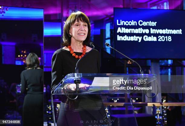 Lincoln Center Chair Katherine Farley speaks onstage during the Lincoln Center Alternative Investment Industry Gala on April 16, 2018 at The Rainbow...