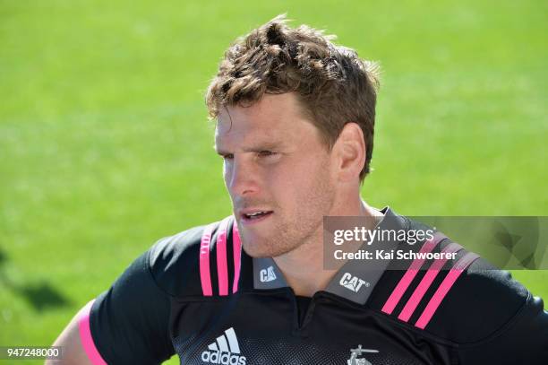Matt Todd speaks to the media following a Crusaders Super Rugby training session at Rugby Park on April 17, 2018 in Christchurch, New Zealand.