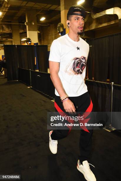 Danny Green of the San Antonio Spurs arrives at the arena before the game against the Golden State Warriors in Game Two of Round One of the 2018 NBA...