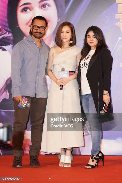 Actor Aamir Khan, Hong Kong actress Kay Tse On-kay and actress Zaira Wasim attend 'Secret Superstar' press conference on April 16, 2018 in Hong Kong,...