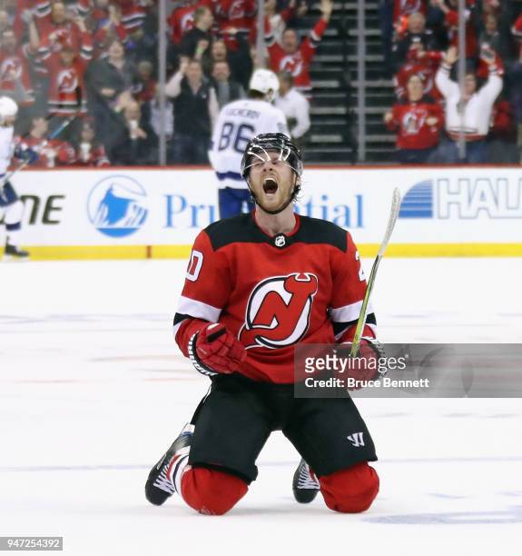 Blake Coleman of the New Jersey Devils celebrates his empty net goal at 19:02 of the third period against the Tampa Bay Lightning in Game Three of...