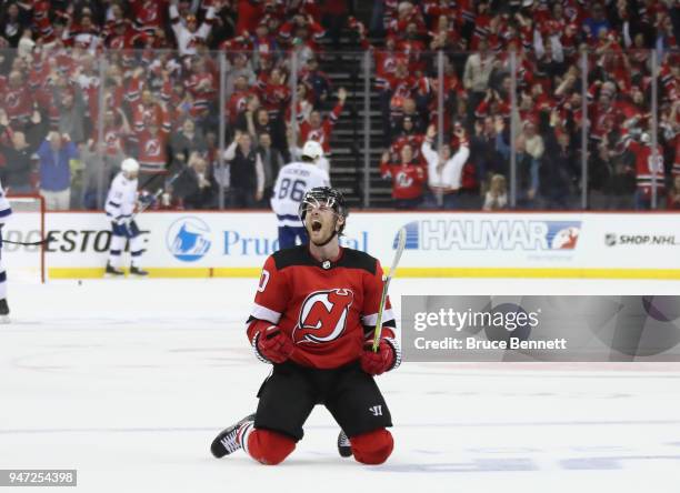 Blake Coleman of the New Jersey Devils celebrates his empty net goal at 19:02 of the third period against the Tampa Bay Lightning in Game Three of...