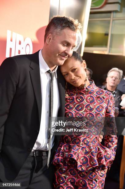 Ol Parker and Thandie Newton attend the Los Angeles Season 2 premiere of the HBO Drama Series WESTWORLD at The Cinerama Dome on April 16, 2018 in Los...