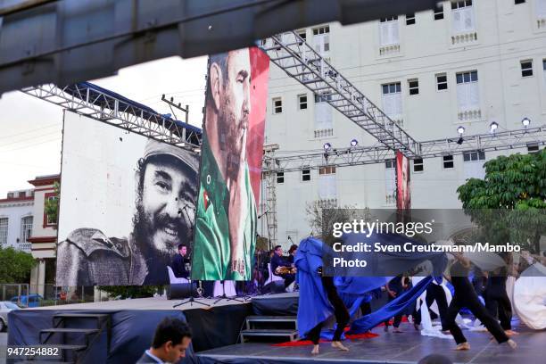 Images of late Cuban leader Fidel Castro are seen during a political act commemorating the 57th anniversary of a speech in which Castro declared the...