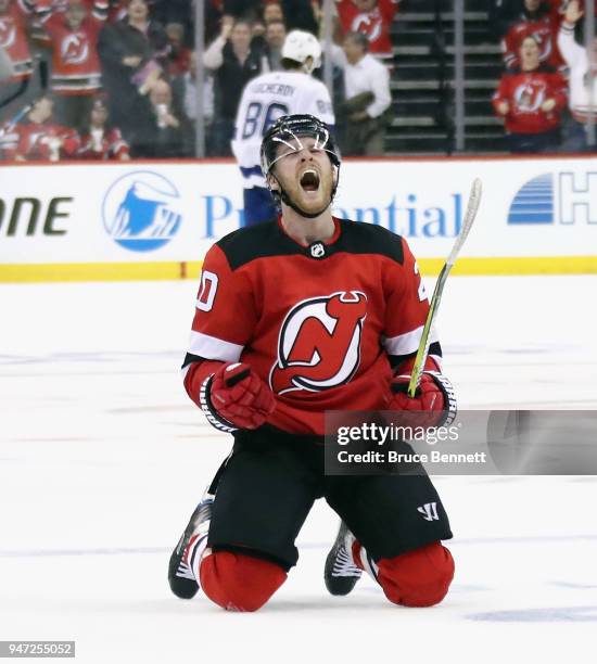 Blake Coleman of the New Jersey Devils celebrates his empty net goal at 19:02 of the third period against the Tampa Bay Lightning in Game Three of...